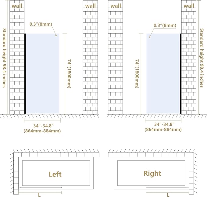 Bathroom Shower Door Screen, 34 in. W x 74 in. H Single Panel Frameless Shower Screen with Tempered Glass, for Bathroom and Bathtub, Clear Shower Door Screen with Matte Black Rods