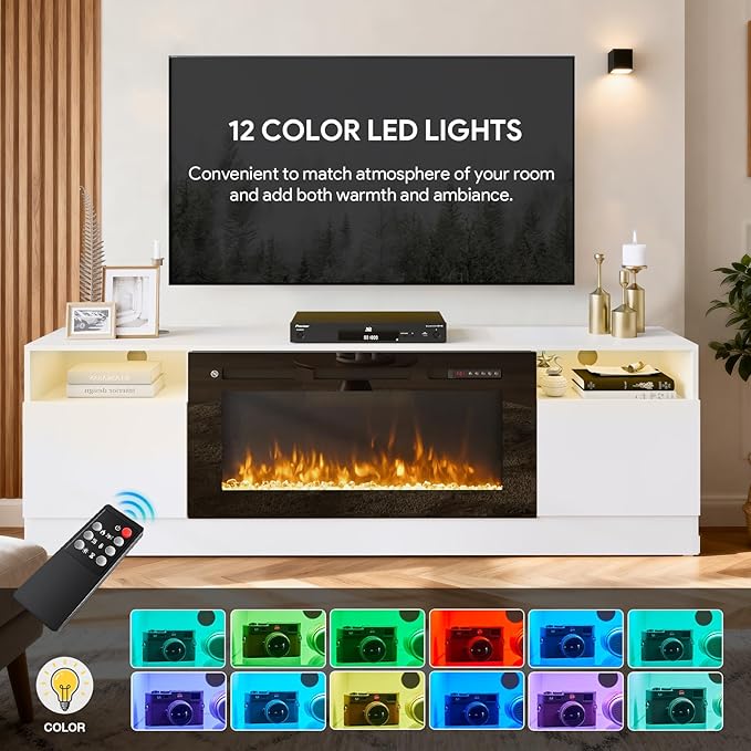 YISUFO 70" TV Stand with 36" Electric Fireplace, Large Modern Media Entertainment Center with Storage Cabinet and 12 Colors LED Lights for TVs Up to 80",White and Black