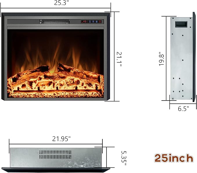 Electric Fireplace, 25" Electric Fireplace Inserts, Recessed Fireplace Heater with Remote Control, Adjustable Flame Colors, Timer&Overheating Protection, 750/1500W