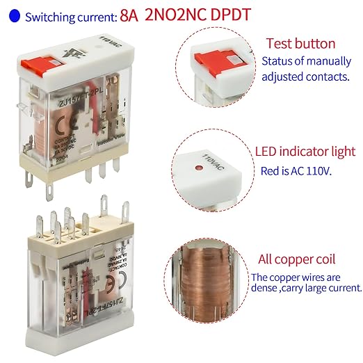 ZJWZJH Power Relay Electromagnetic with Test Button 110V 120V AC 8Amp DPDT 2Pole 2NO 2NC Socket with Indicator LED Module, UL Certification (8 Pin- 8A, AC 110V)