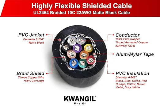 KWANGIL 10C 22AWG AMSB Shielded Cable Wire (UL2464) - Highly Flexible Str TC, PVC Ins, OS+TC BRD, PVC JKT for CNC Machine, Stepper Motor, VFD Spindle (Matte Black 100FT)