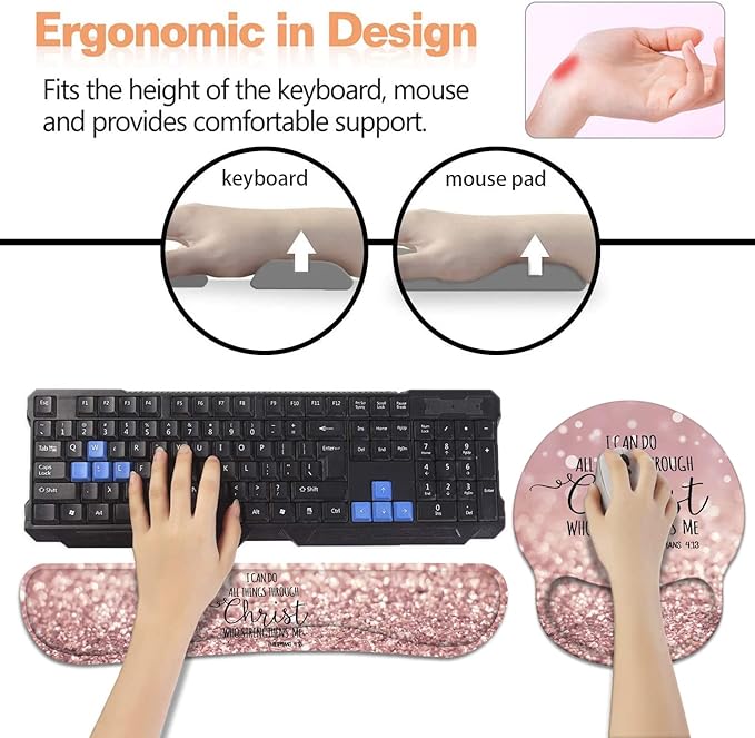 Keyboard Wrist Rest + Mouse Pad Wrist Support Set with Coasters, Non-Slip PU Base Ergonomic Mousepad for Home Office Working Studying Easy Typing & Pain Relief, Bible Verse Philippians 4-13