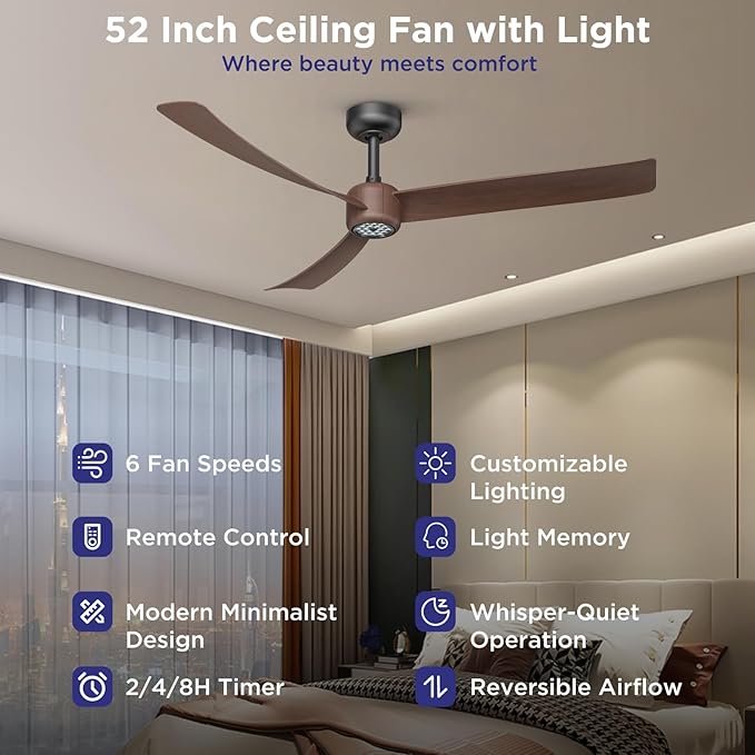 ocioc Ceiling Fans with Lights and Remote, 52 Inch Modern Ceiling Fan with Quiet Reversible DC Motor,Dimmable LED,6 Speeds,Timer, Ceiling Fan for Bedroom,Dining Room(Dark Walnut Finish)