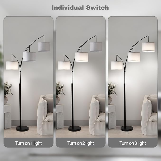 Fansdrick Floor lamp with Remote, 3 Light Arc Floor Lamps for Living Room, 2400LM Tall Standing Floor Lamps with Gray Shades, 80" Large Floor Lamp for Bedroom, Office