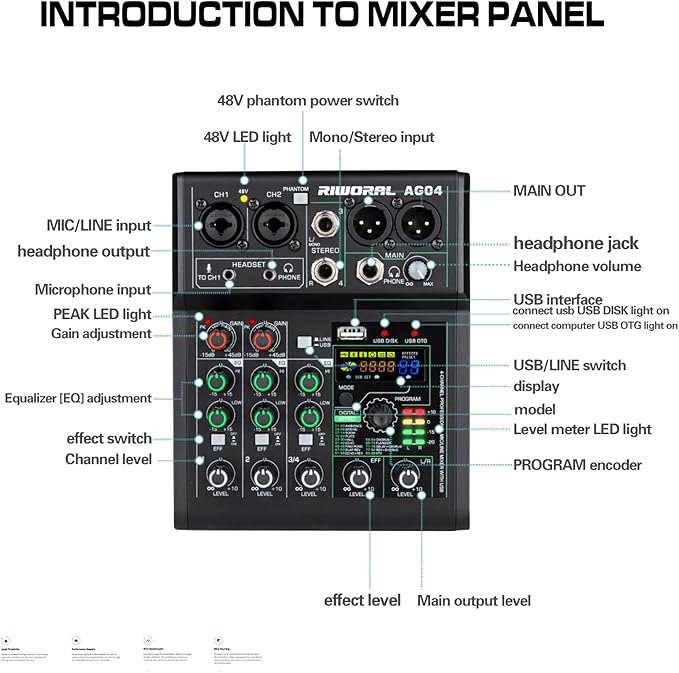 4 Channel Audio Mixer With Effects 88 Dsp Mixer Mixing Board Usb Interface Bluetooth Music Player + 48v Line Phantom Power Audio Mixer To Pc/Phone For Karaoke Record Livestream