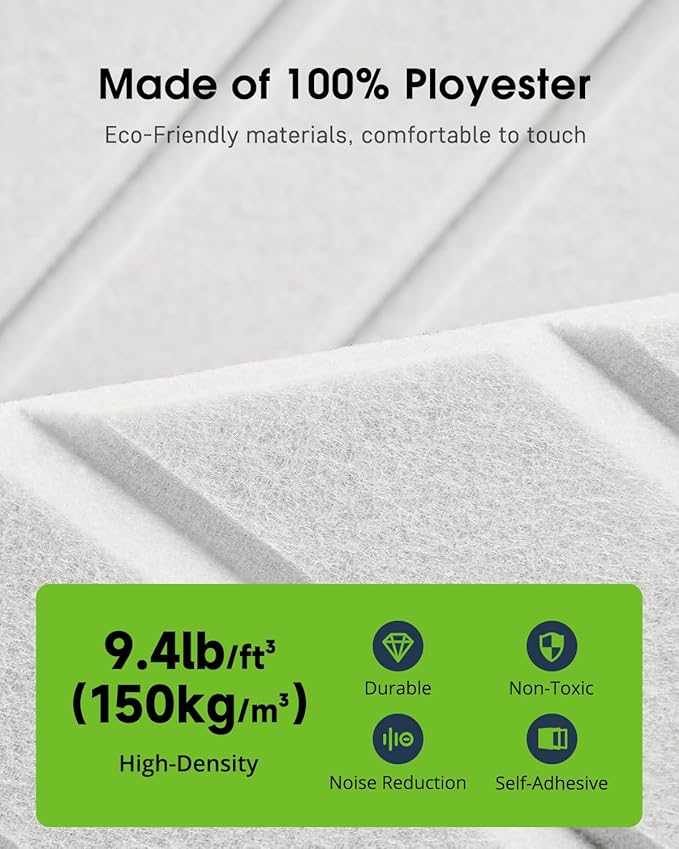 Woovio Sound Proof Foam Panels for Walls, 12 Pack Self-Adhesive Acoustic Panels, 12" X 12" X 0.4" Soundproof Wall Panels for Door, Ceiling, Home Office White