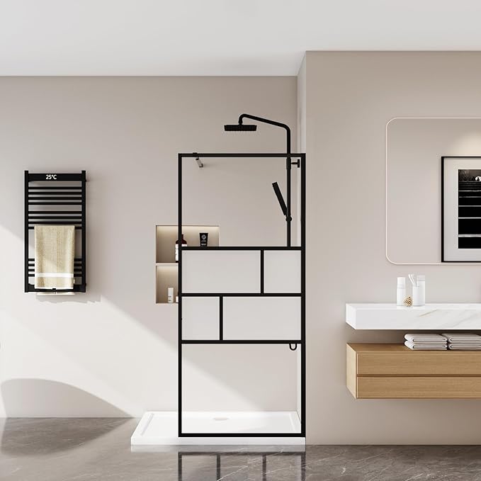Goodyo 34” X 72” Shower Door Tempered Glass Framed Shower Screen Panel for Walk-in Bathroom Matte Black Finish, Middle Glass Frosted Pattern, 3-Pieces Glass