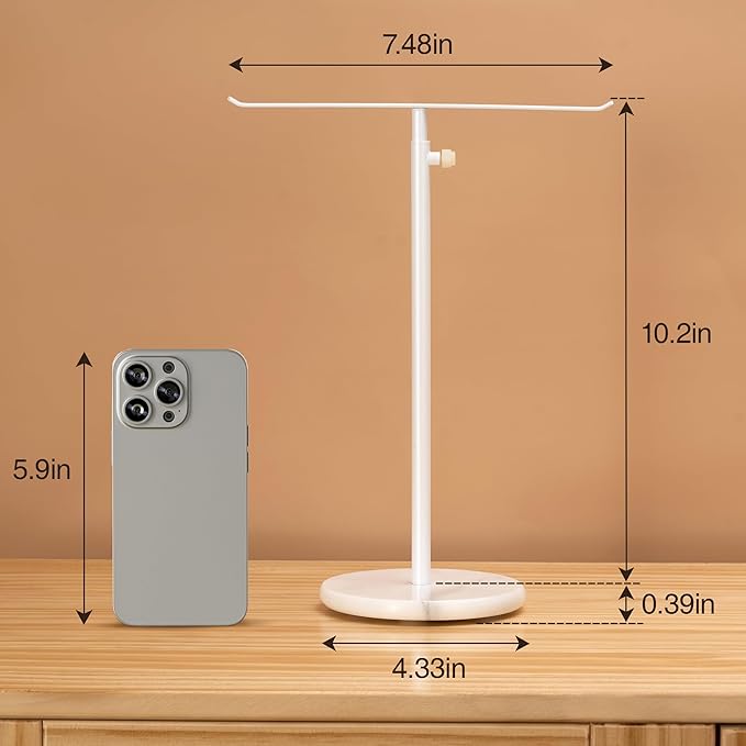Josmimic White Necklace Holder Jewelry Organizer Stand – Adjustable Height T‑Bar Jewelry Display with White Marble Base, Necklace & Bracelet Holder, Countertop Jewelry Tree