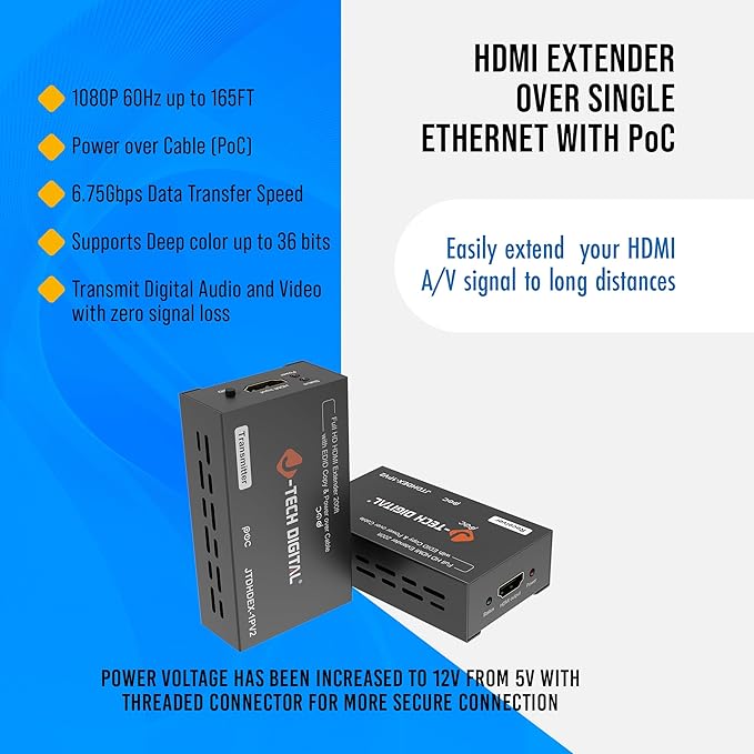 J-Tech Digital HDMI Extender 1080P 60Hz Over Single CAT 5e/6/7 PoC (Power Over Cable) up to 165ft, Deep Color EDID Copy Zero Signal Loss [JTD-HDEX-1PV2]
