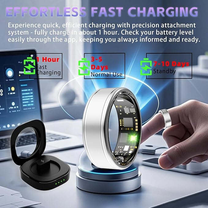 Smart Ring Health Tracker, Fitness Tracker Ring for Women Men, Monitoring of Pedometer, SpO2, Sleep Quality, Heart Rate, No Subscription Fee, Sport Rings for iOS & Android (Silver 7)