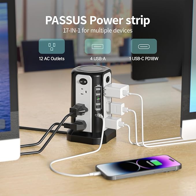 Surge Protector Power Strip Tower with PD18W USB C Port, PASSUS Charging Tower with 5 USB, 10FT Extension Cord with 12 AC Multiple Outlets, Overload Protection for Home Office Dorm Room