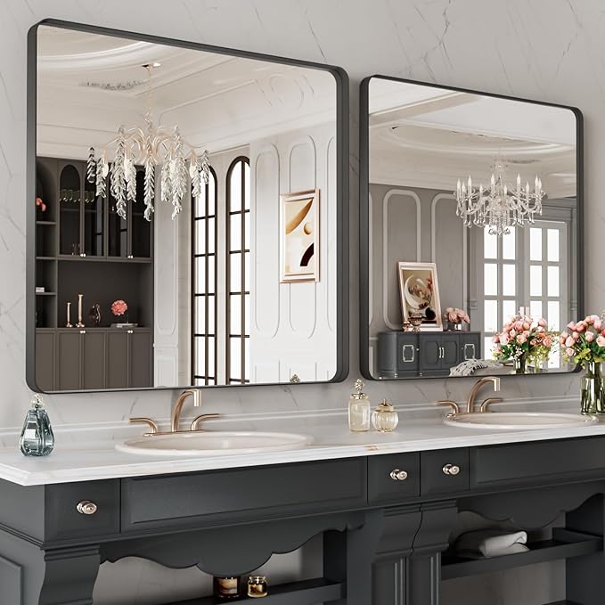 LOAAO 40X38 Inch Black Metal Framed Bathroom Mirror for Wall, Matte Black Bathroom Vanity Mirror Farmhouse, Anti-Rust, Tempered Glass, Hangs Horizontally or Vertically