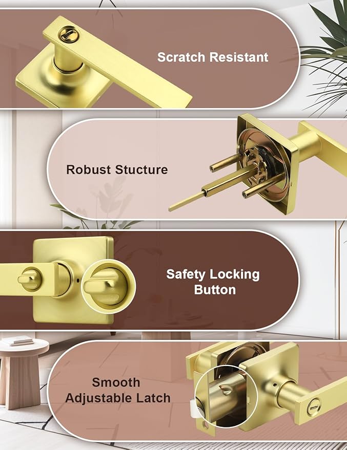 Mengico 10 Pack Gold Privacy Lever Door Handle Interior with Lock, Heavy Duty Square Door Lock for Bed/Bath, Keyless Door Locksets, Reversible for Left Right Handed Doors