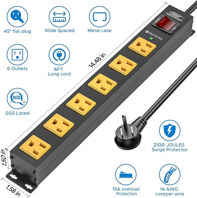 CRST 2Pack 6 Outlet Surge Protector Power Strip 2100J with Switch, 15A/1875W Heavy Duty Mountable Power Strip, Wide Spaced Power Bar for Garage Workspace Home School, 6 FT Cord（ Black+Yellow）