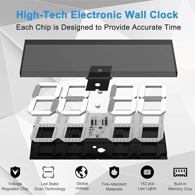 CHKOSDA LED Large Digital Wall Clock, Oversize Wall Clock with 6” Numbers, Remote Control Count up/Countdown Timer Clock, Auto Dimmer, Big Calendar and Thermometer(White)