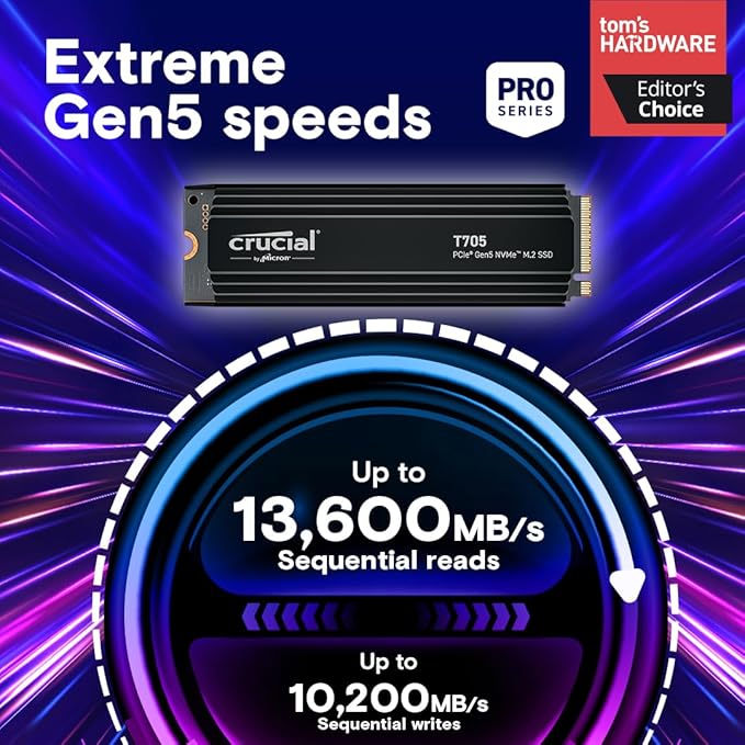 Crucial T705 PCIe Gen5 NVMe 1TB SSD with Heatsink, Up to 13,600MB/s, TLC NAND, Laptop & Desktop (PC) Compatible, for Creatives and Hardcore Gamers, Solid State Drive, 1Mo Adobe CC – CT1000T705SSD5