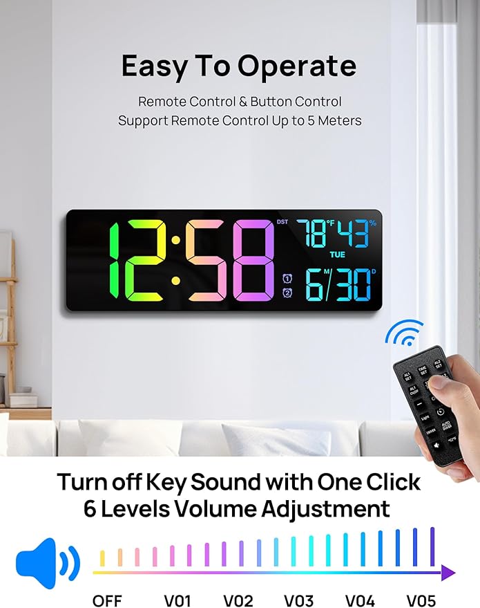 18.5" Large Digital Wall Clock with Remote Control, Big LED Display Digital Clocks with Night Light, Alarm, Countdown, DST, Temp, Date for Living Room, Bedroom, Office, Gift for Seniors(Black)