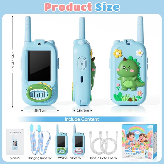 Video Walkie Talkies for Kids – Kids Walkie Talkies 2 Pack with Cute Silicone Cover, Voice Changer, 1000FT Range, Fun Indoor Outdoor Toys – Birthday Gift for Boys and Girls Ages 3-10（Blue+Blue）