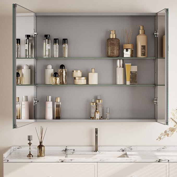 Bathroom Medicine Cabinet with Mirror, 30 Inch x 26 Inch Bathroom Mirror Cabinet with Double Door & Adjustable Shelves, Surface Mount or Recess Installation