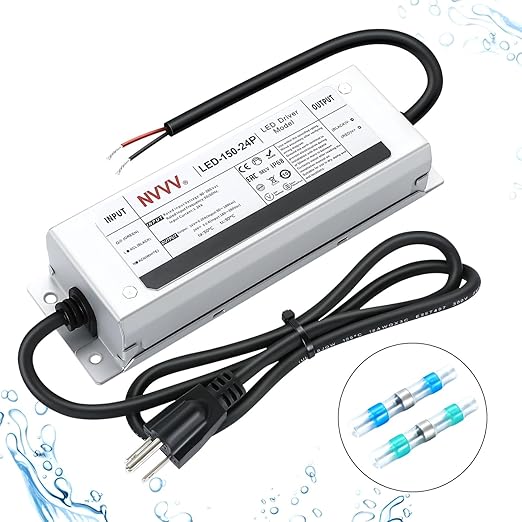 24 Volt LED Driver 150 Watts Power Supply Waterproof IP68 Low Voltage Transformer Adapter 90-265V AC to 24V DC Converter for LED Strip, Indoor Outdoor Lighting Built-in Active PFC Function