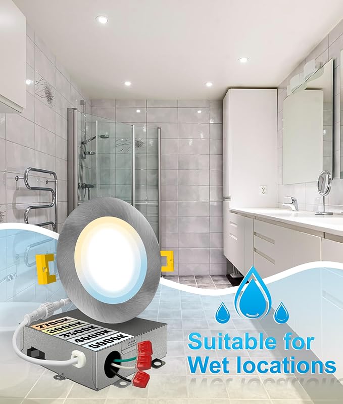 NUWATT 12 Pack, 4 Inch Ultra-Thin Recessed LED Lights Brushed Nickel, 5CCT 2700K/3000K/3500K/4000K/5000K Selectable, 630LM, 9W, IC Rated, Dimmable Canless Downlight With Junction Box, Energy Star, ETL