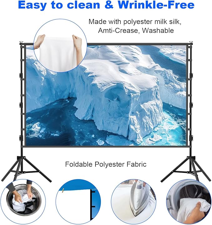 VntB Outdoor Projector Screen with Stand, 150 inch Portable Projection Screen Wrinkle-Free 16:9 4K HD Rear Front Movie Screen with Carry Bag for Indoor Home Theater, Camping and Backyard Entertainment