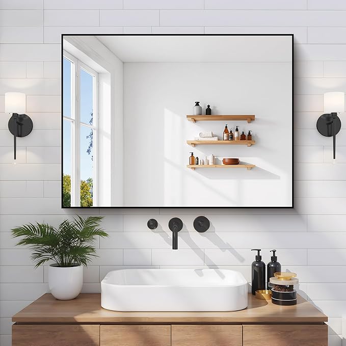 Black Bathroom Mirror for Wall, 24x32 Inch Rectangle Mirror with Metal Frame, Modern Vanity Mirrors for Bathroom Living Room, Entryway Hangs Horizontal or Vertical