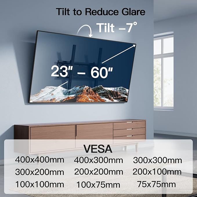 PERLESMITH Tilting TV Wall Mount Bracket Low Profile for Most 23-60 inch LED LCD OLED, Plasma Flat Screen TVs with VESA 400x400mm Weight up to 115lbs, Fits 16" Wood Stud