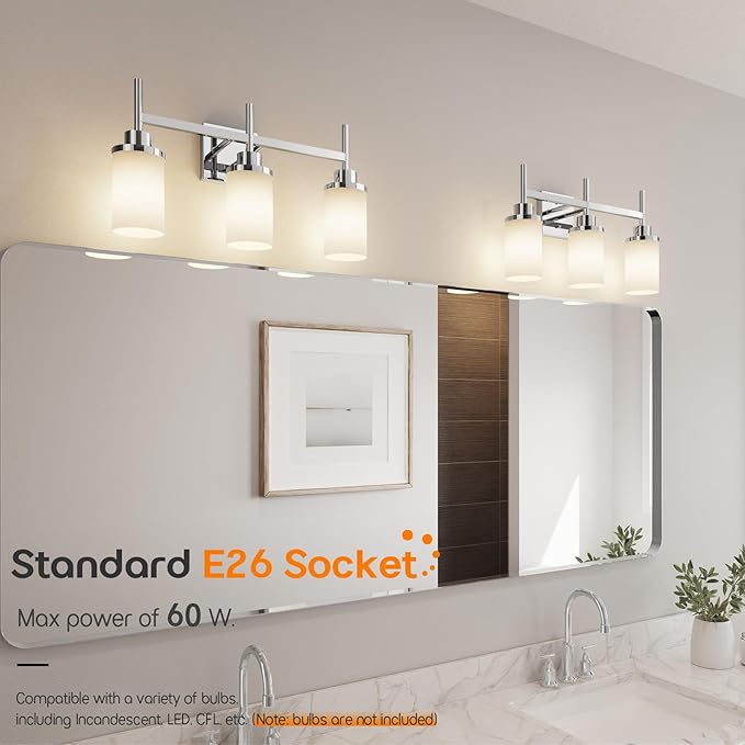 AONEON Bathrom Light Fixtures Polished Chrome 3 Vanity Lights with White Frosted Glass Shade, Wall Lamps Over Mirror for Bath Washroom Bedrom T001CH-L3