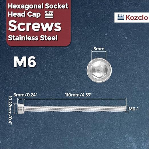 Kozelo 10pcs Socket Head Cap Screws - [M6-1 x 110mm] 304 Stainless Steel Allen Socket Drive for Electrical Motor 3D Printing Fan Engine Replacement Use, Silver