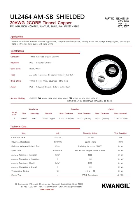 KWANGIL 2C 20AWG AMSB Shielded Cable Wire (UL2464) - Highly Flexible Str TC, PVC Ins, OS+TC BRD, PVC JKT for CNC Machine, Stepper Motor, VFD Spindle (Matte Black 50FT)
