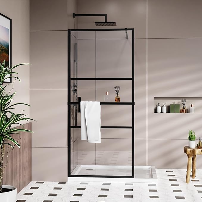 Goodyo 34" x 72" Shower Door Tempered Glass Shower Screen with Tool Bar Towel Rack for Walk in Bathroom 3-Grid Style