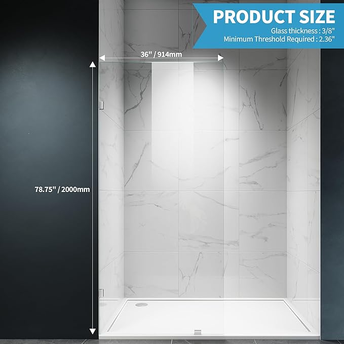 Shower Glass Panel, 36" W x 78.75" H Fixed Shower Screen Panel with 3/8"(10mm) SGCC Clear Tempered Glass, Frameless Walk in Shower Door for Bathroom (Chrome, 36" W x 78.75" H)