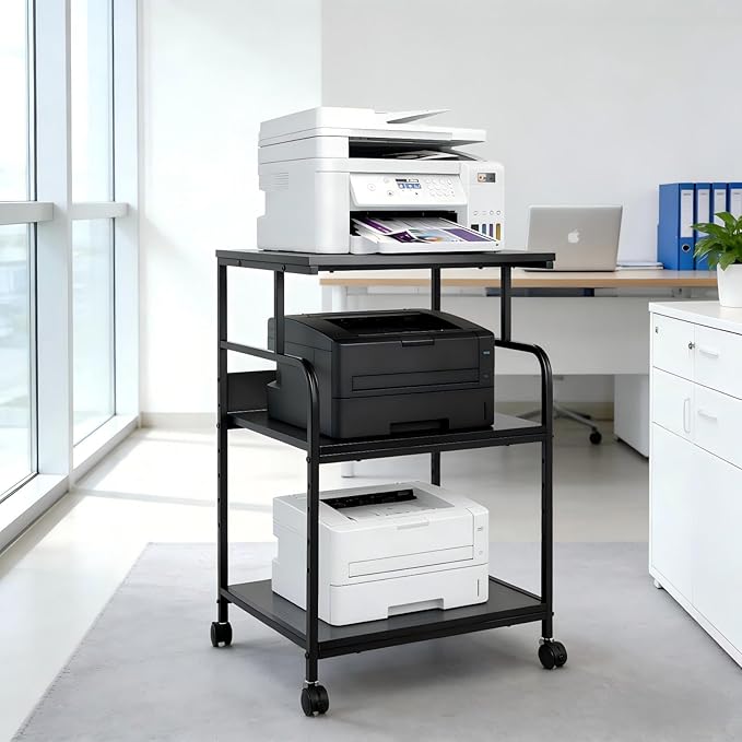 GCCSJ Large Printer Stand，3 Tier Printer Cart with Adjustable Storage Shelf，23.6 x18.9 x 29.5 inches Printer Stand for Home Office, Stands for Heat Press Scanner Fax, Industrial Style, Black