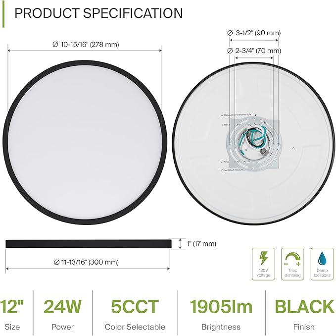 ASD LED 12" Round Flush Mount Ceiling Light Fixture, Low Profile Surface Lighting | 5CCT, Dimmable, Ultra-Thin, ETL Listed | 24W 1900LM 2700-6000K 120V | Kitchen, Hallway Lamp | Black, 12 Pack