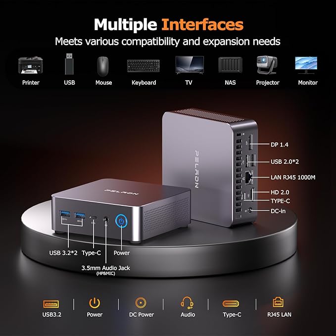 PELADN Gaming Mini PC 7735U(Beats 5825U) 32GB Dual DDR5, 1TB PCIe3.0 SSD - AMD Ryzen 7 7735U Mini Computers with Dual Type-C, WO7 Mini Desktop Computer with RJ45 LAN, WiFi6, BT5.2, USB