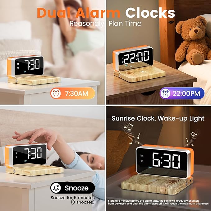 CHOUYONL Alarm Clocks for Bedrooms with Wireless Charger Station, Bluetooth Speaker, Woodgrain, White Noise Sound Machines, RGB Night Lights, Ideal Gift for Adult Man Women Teen Girls Boys