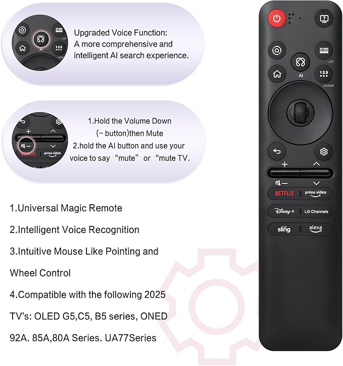 Replacement for LG MR25GA Magic Remote AKB76046602, Voice Control & Pointer Remote Compatible with LG TVs 2025 OLED G5/C5/B5 QNED 92A/85A/80A UA77 Series & Older Models MR25GA/24GA/23GA/22GA/21GA/20GA