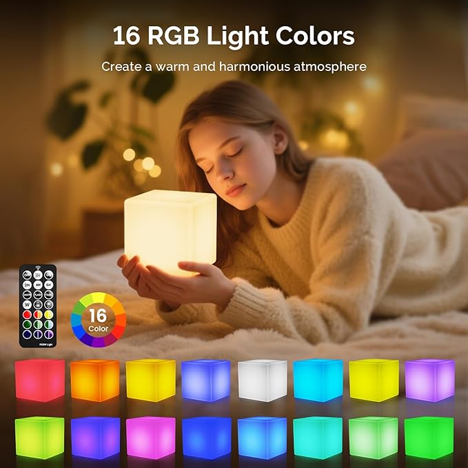 LOFTEK 7-inch LED Cube Night Lights: Rechargeable RGB 16 Colors Changing Light with Remote Control, IP65 Waterproof Cordless Table Lamp Night Light for Home Bedroom, Adults Kids Room Décor