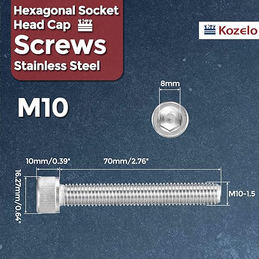 Kozelo 5pcs Socket Head Cap Screws - [M10-1.5 x 70mm] 304 Stainless Steel Allen Socket Drive for Electrical Motor 3D Printing Fan Engine Replacement Use, Silver