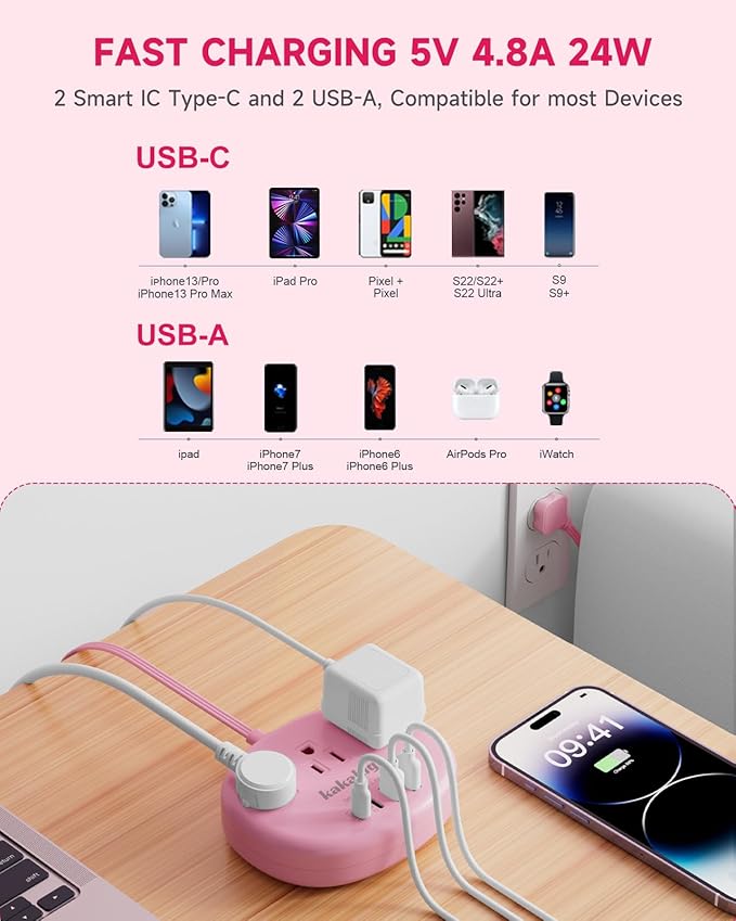Pink Extension Cord with Surge Protected 1080J - 5 FT Kawaii Power Strip, 1625W Cute Extension Cord with 3 AC Outlet 4 USB (24W/4.8A), Compact for Cute Pink Kawaii Desk Home Essentials