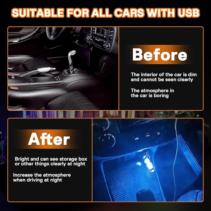 2PCS USB Car LED Interior Lights, Mini Ambient Lighting Accessories, Touch Control Decorative Night Lamps for Vehicle, Bedroom, Camping, Holiday Decor(Blue)