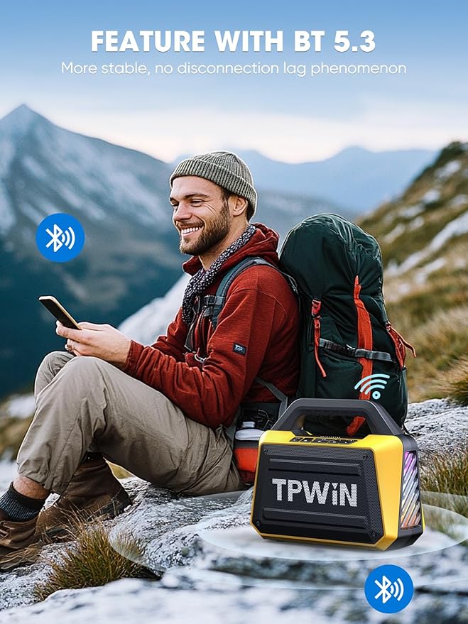 TPWIN Portable Bluetooth Speakers - Wireless Jobsite Speaker 80W Peak, TWS, Light Shows, Loud Speaker with Deep Bass, BT 5.3, IPX6 Waterproof, 20H Playtime for Outdoor Beach Camping Garage - Yellow