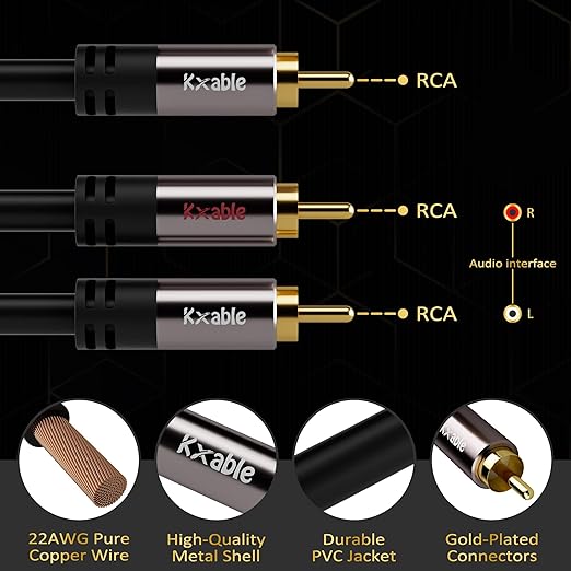 RCA Y-Adapter Splitter Cable (2 Pack-10FT+10FT), 1 RCA Male to 2 RCA Male Stereo Audio Subwoofer Cable, Bi-Directional, for Home Theater, Hi-Fi System, Amplifier, Speaker, 24K Gold Plated, OD:5.0MM