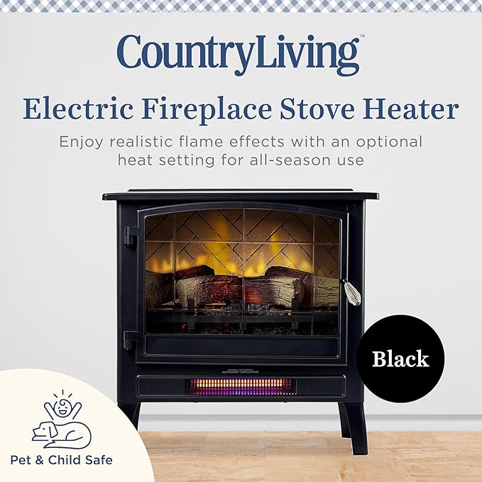 Country Living Infrared Freestanding Electric Fireplace Stove Heater in Black | Multiple Flame Colors, Metal Design with Faux Wooden Logs | Alexa/WiFi Enabled - Remote Included