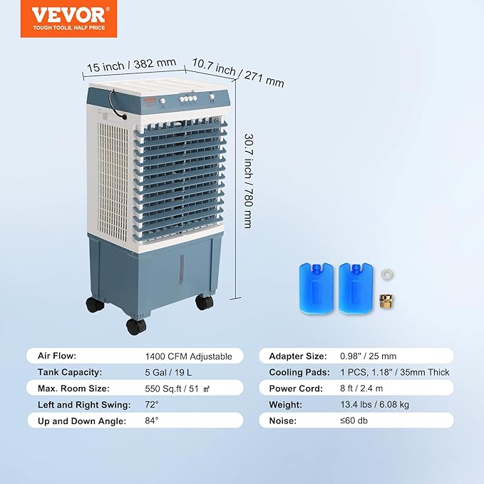 VEVOR Evaporative Air Cooler,100W 1400CFM Swamp Cooler with 5 Gallon Water Tank,Humidifying,3 Modes & Speeds Portable 3-IN-1 Cooling Fan,Energy-Saved Air Cooler for 550 Sq.Ft Indoor or Outdoor
