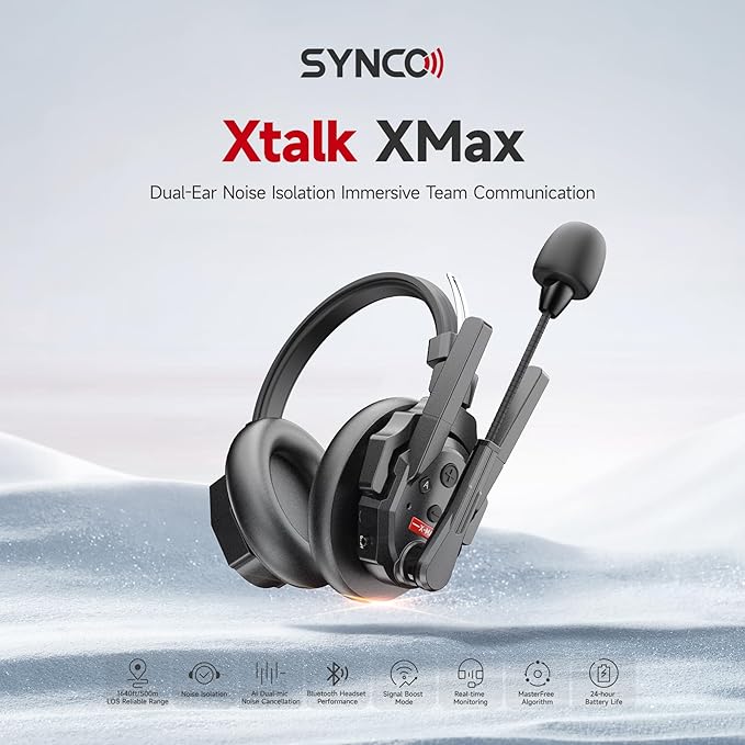 SYNCO XTalk XMax2 Wireless Intercom Headset System with Dual-Ear Design Telephone Headsets Communication System Random Master Device,2.4GHz Full Duplex 500 M/1640 FT Real-time Monitoring