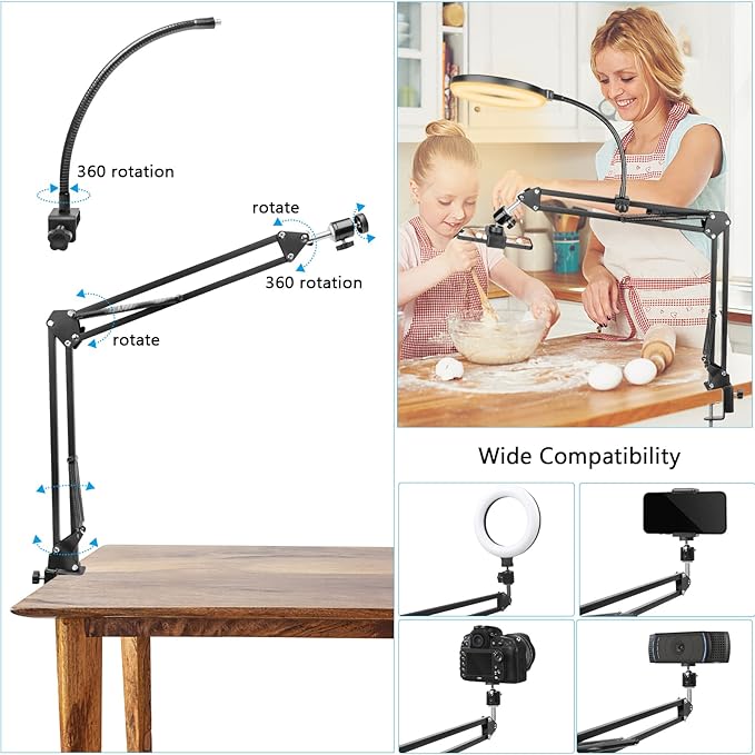 ChromLives Overhead Phone Mount with Ring Light, Overhead Tripod Phone Holder Mount for Video Recording, Flexible Articulating Arm Overhead Phone Stand Top Down Camera Mount with Light