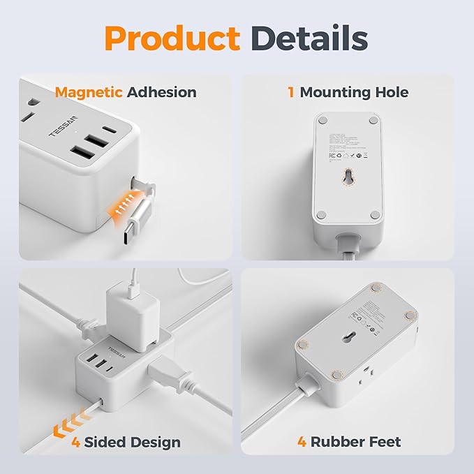 TESSAN Small Flat Plug Power Strip with 1 PD20W Retractable USB C Cable, 5 ft Ultra Thin Extension Cord with 3 AC Outlets 3 USB Ports, 5 ft Slim Plug for Cruise Ship Travel, Dorm, Home Office