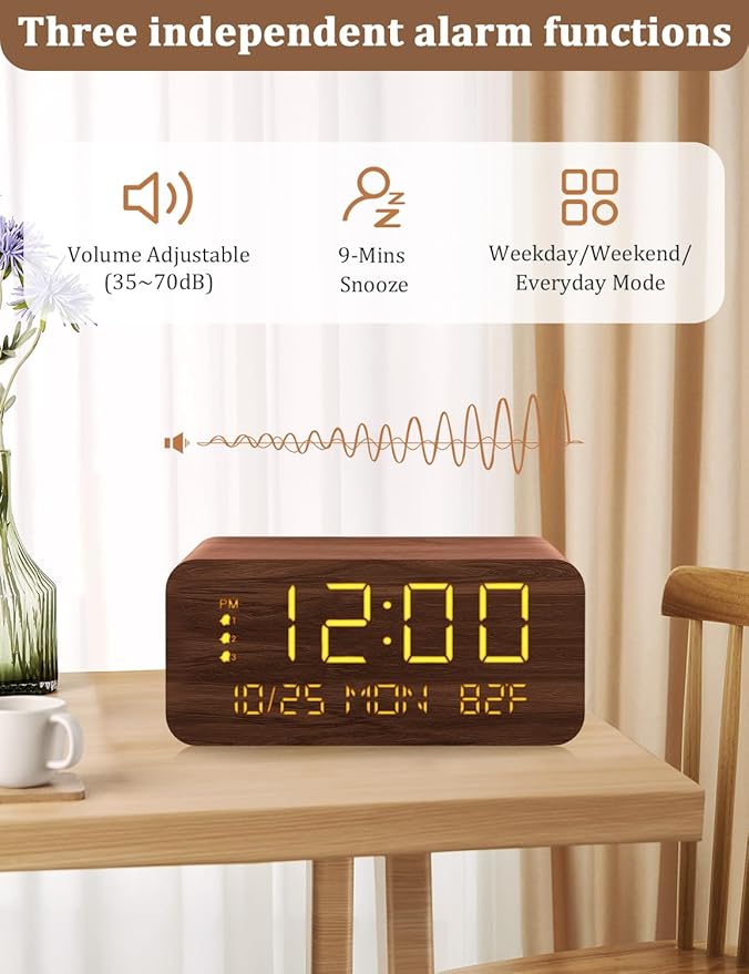 Digital Alarm Clock, with Wooden Electronic LED Time Display, 3 Alarm Settings, 10W Wireless charging, Day of the week, Temperature Detect, Wood Made Digital Clocks for Office, Bedroom, Bedside, Brown